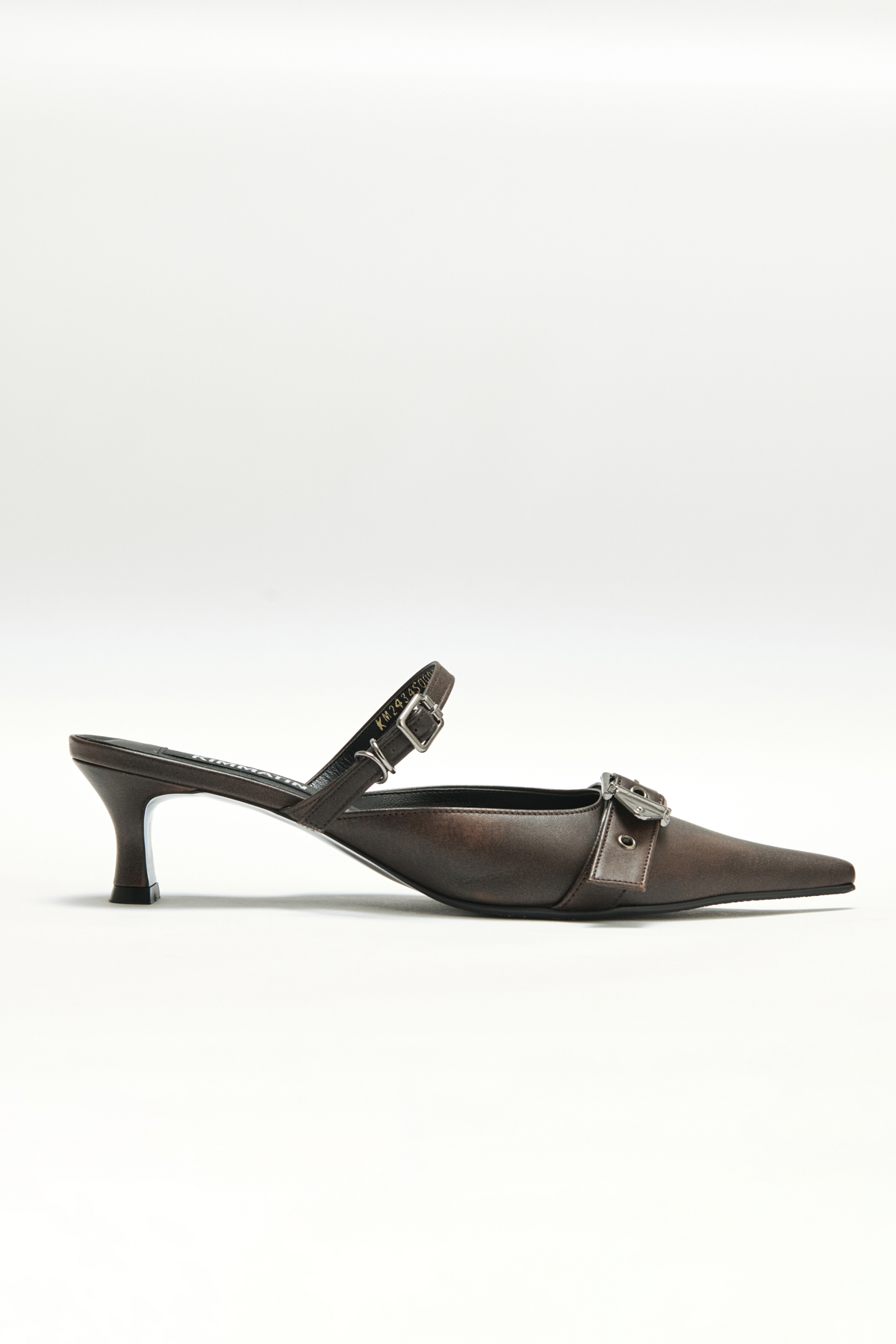 BELTED STILETTO MULE IN BROWN