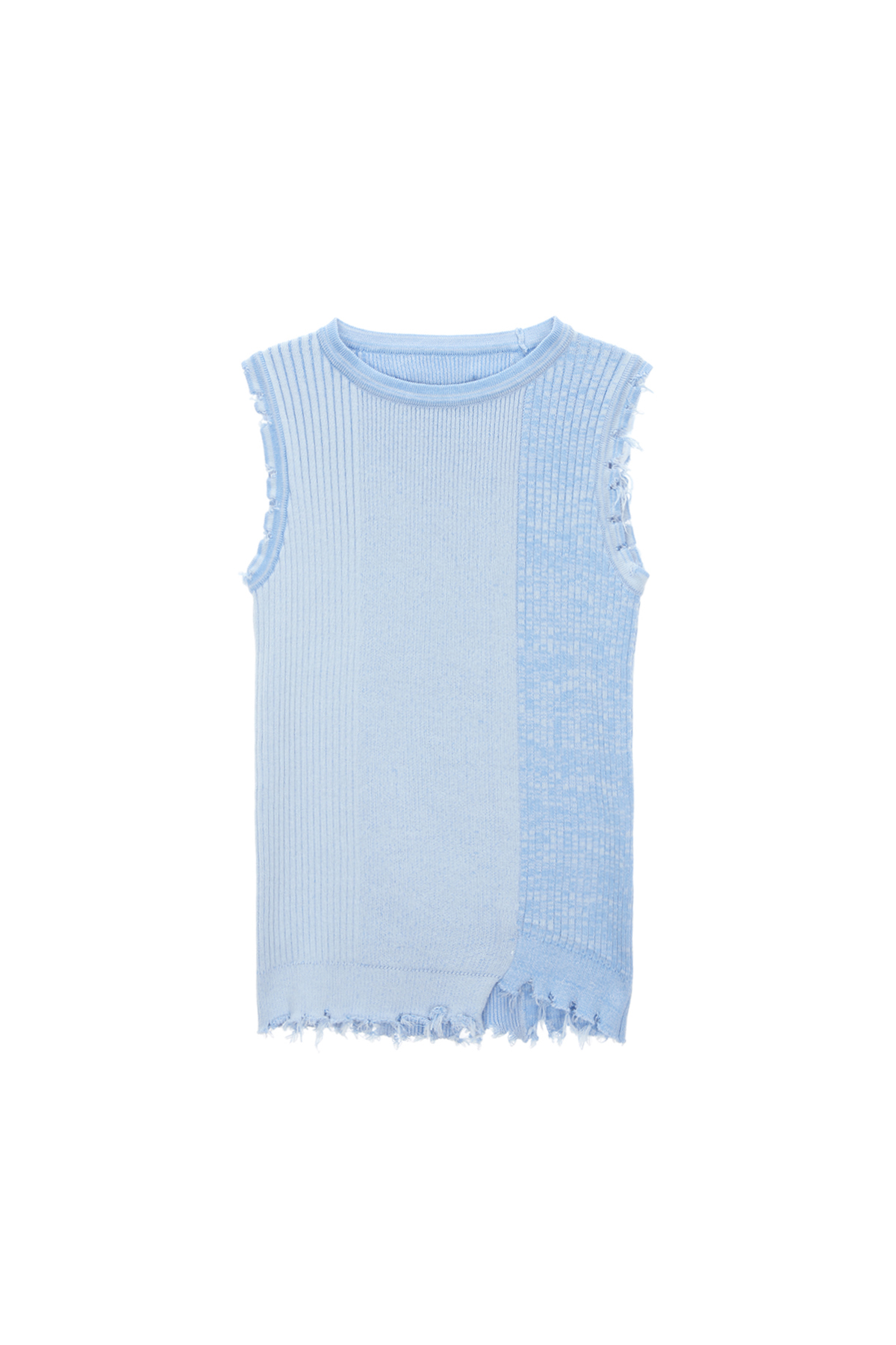 DAMAGE SLEEVELESS KNIT TOP IN SKY