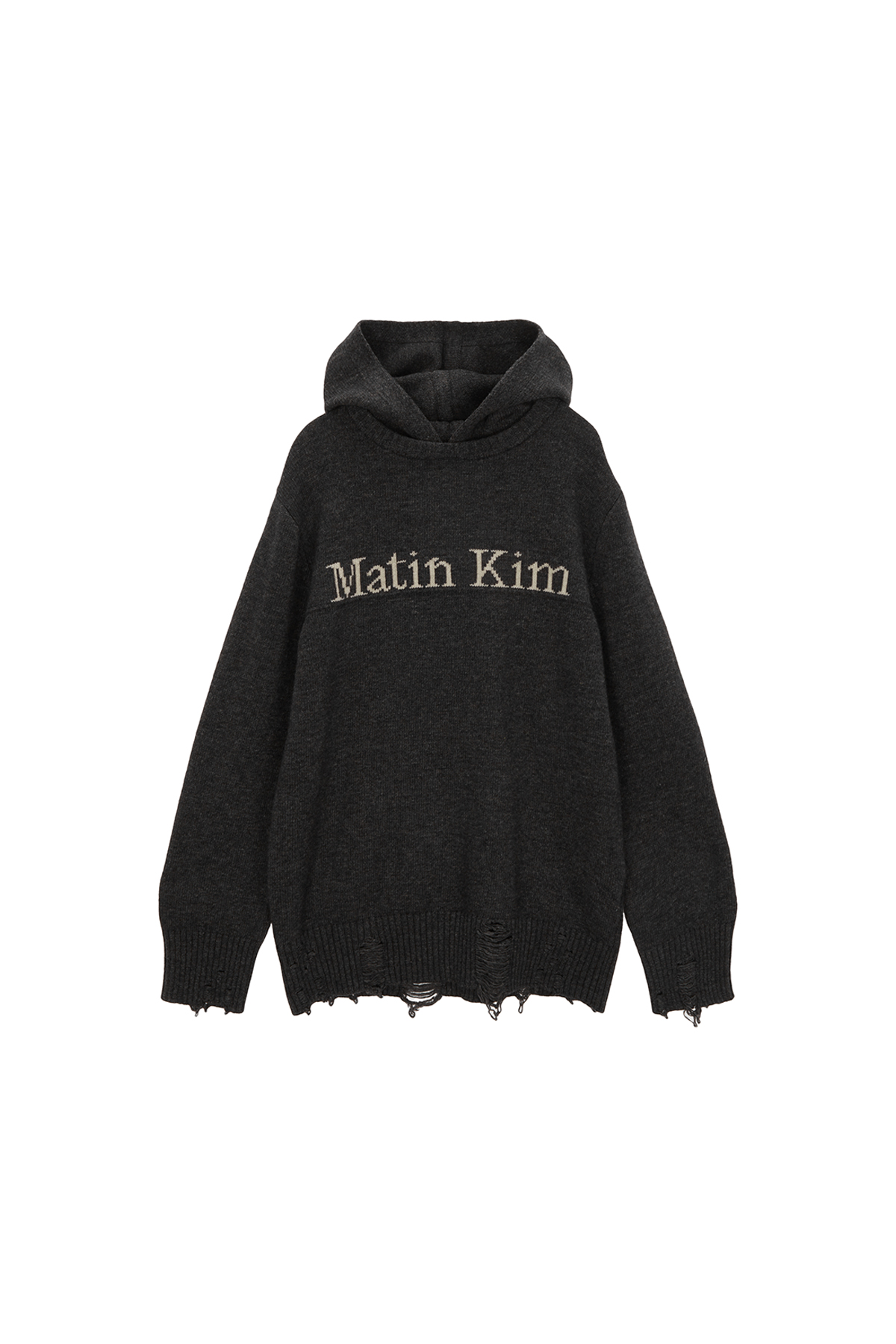 DAMAGE LOGO KNIT HOODIE IN CHARCOAL