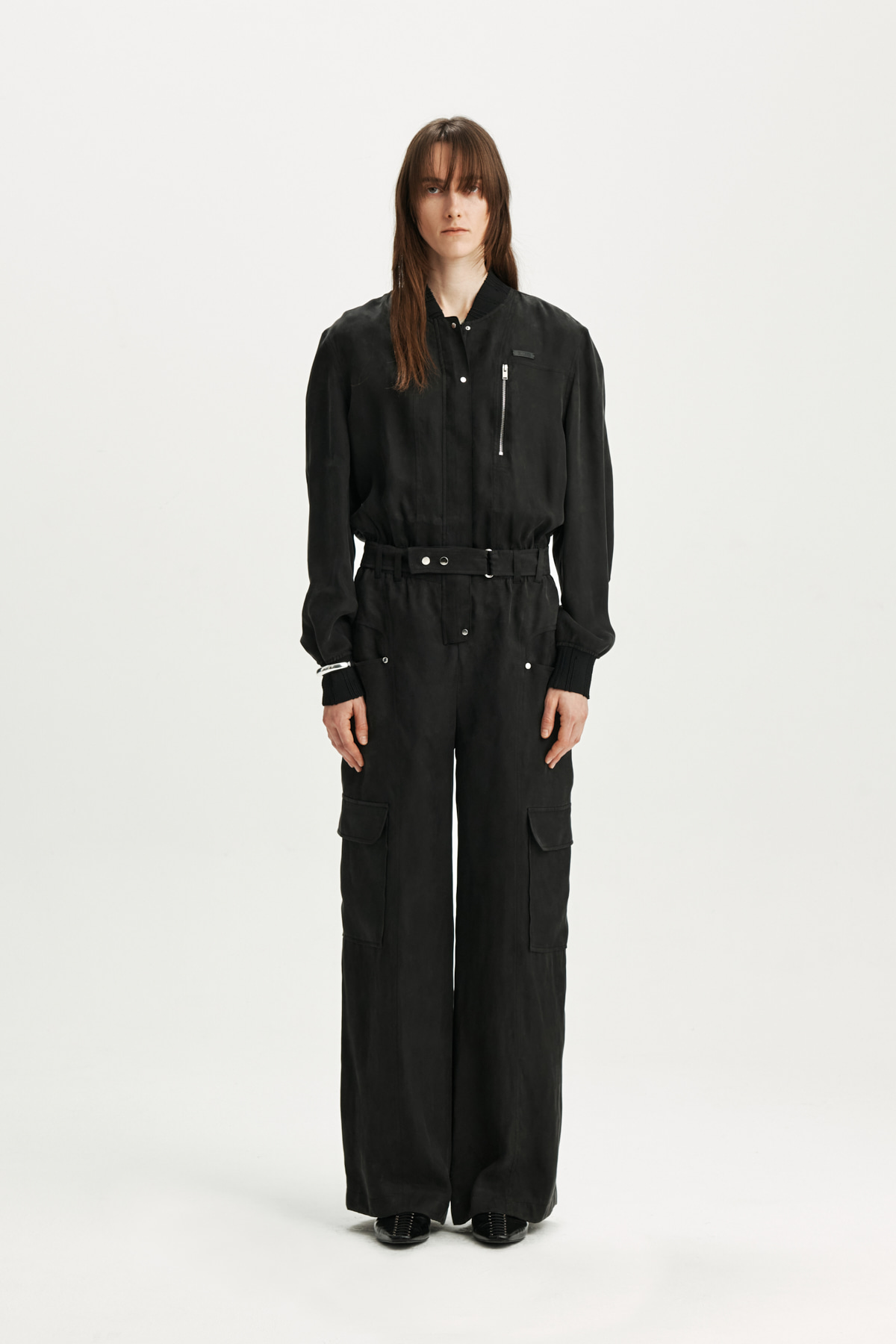 SILKY BELTED CARGO JUMPSUIT IN BLACK