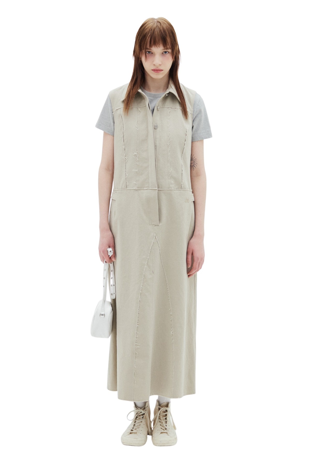 COTTON OVERALL LONG SKIRT IN BEIGE