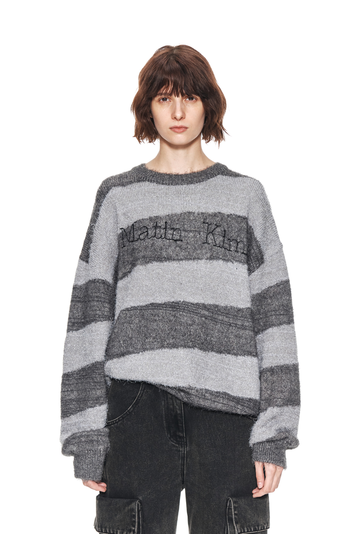 STRIPE SNOWBALL KNIT PULLOVER IN CHARCOAL