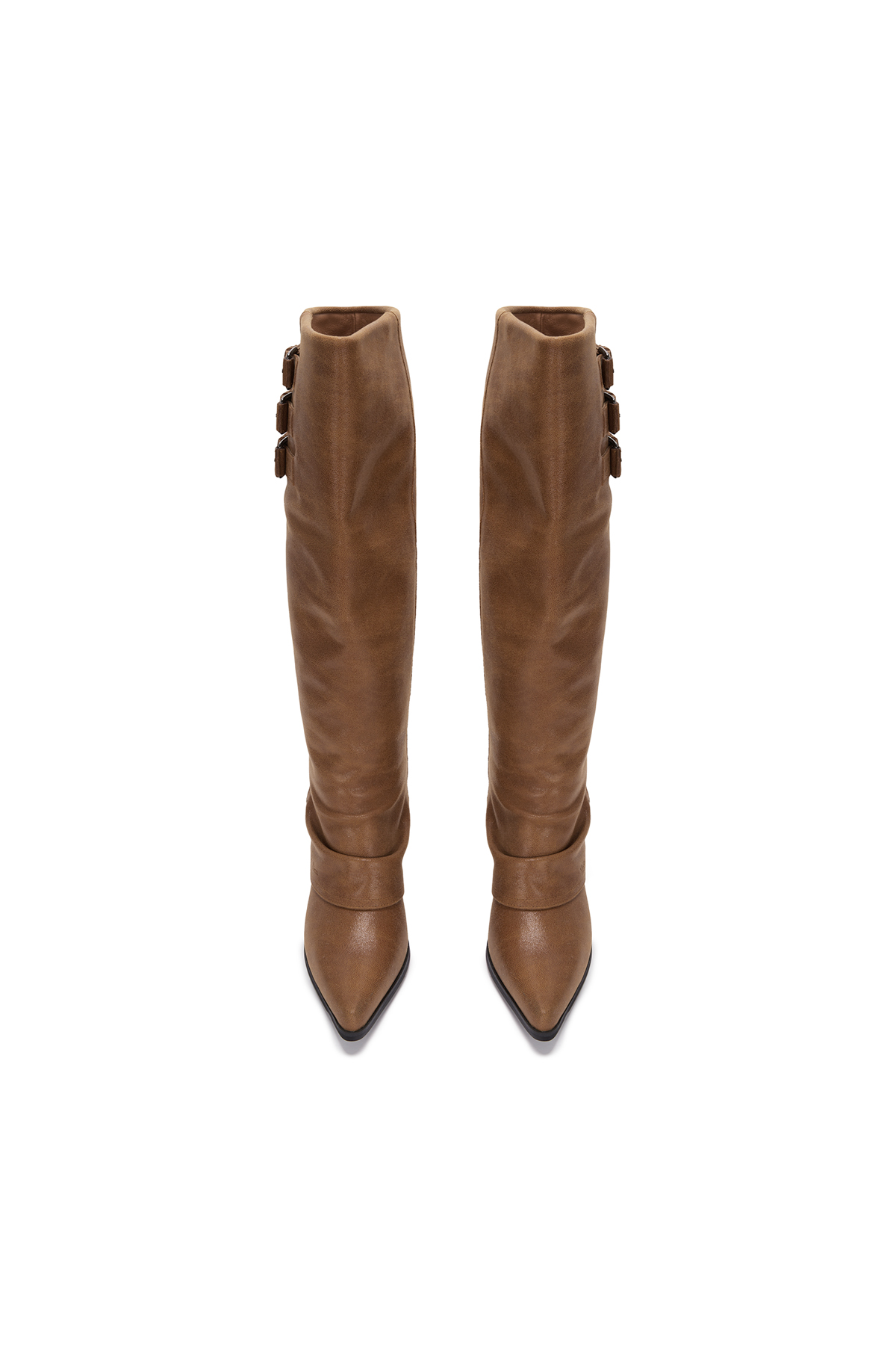 BUCKLE LAYERED LEATHER LONG BOOTS IN BROWN